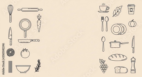Kitchen utensil and food icons on cream background.