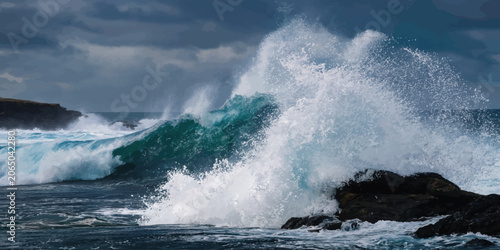 Canvastavla Powerful ocean wave crashing against dark rocky coastline with crashing splashin