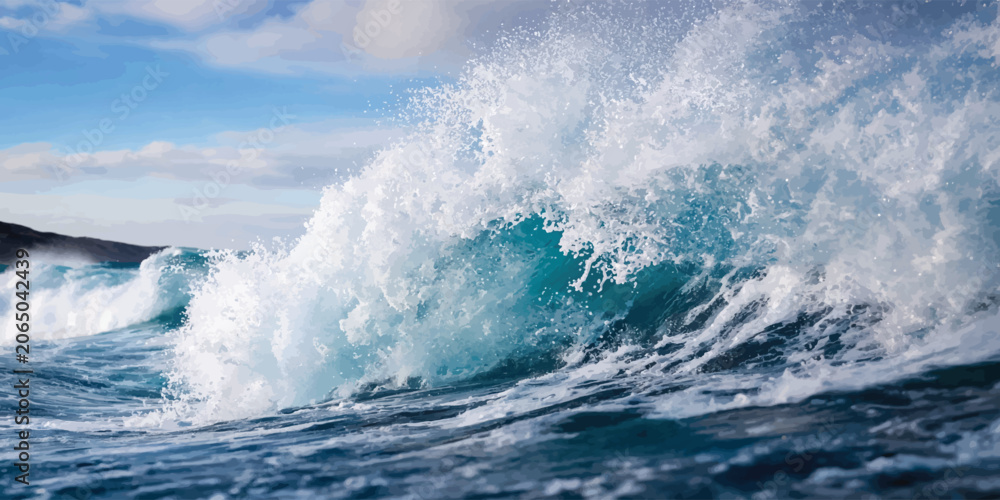 Fototapeta premium Powerful turquoise ocean wave cresting and splashing on rocky coast with crashing turquoise splashing landscape seascape movement breaking