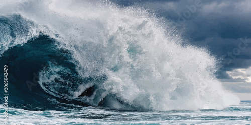 Fotografie Large blue ocean wave breaking near rocky coast with crashing splashing landscap