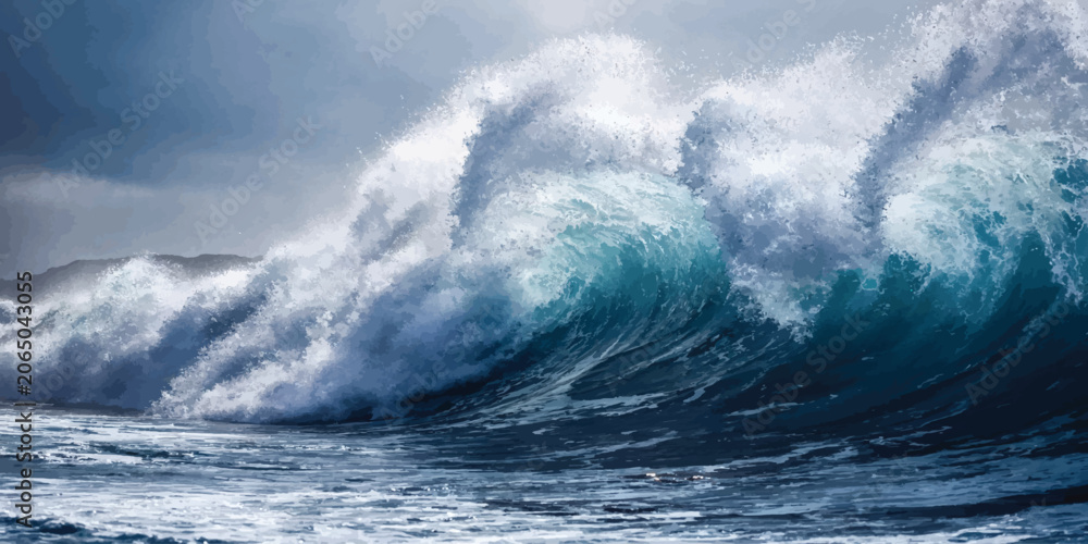Obraz premium Powerful storm wave breaking in the ocean with high spray breaking environment landscape seascape background backdrop elemental majestic