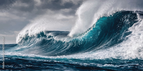 Fotografie Large turquoise ocean wave breaking in the middle of the deep sea with marine li