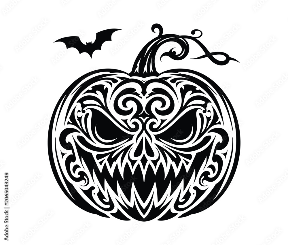 Fototapeta premium Pumpkin vector icon with tribal tattoo style halloween art