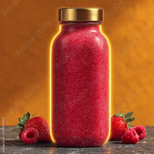 Fresh strawberry smoothie in glass jar with warm golden backlight on rustic surface