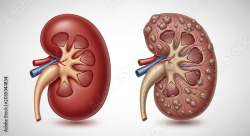 Medical illustration comparing healthy kidney and diseased kidney anatomy.