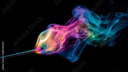Ignited matchstick with vibrant multi-colored rainbow smoke trails against a dark background