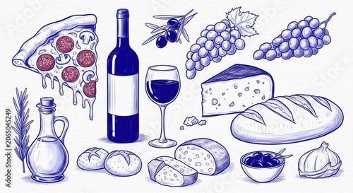 Mediterranean food and wine sketches in blue ink style.