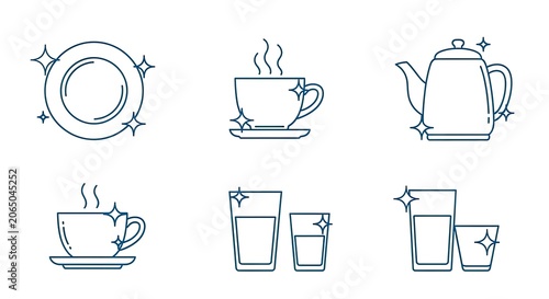Minimalist blue line icons of clean dishes and glassware.