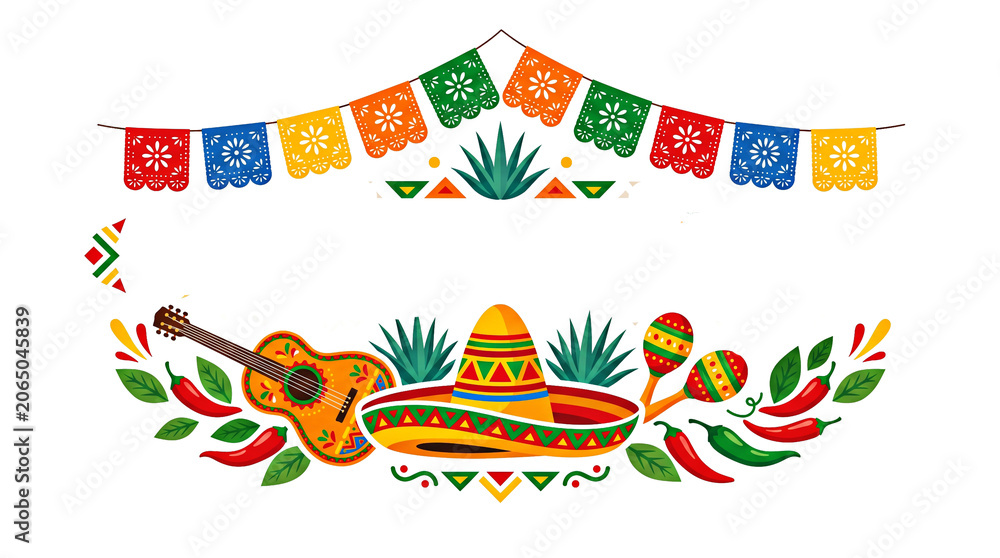 Naklejka premium Colorful Mexican Fiesta Banner with Cactus and Traditional Patterns Celebration