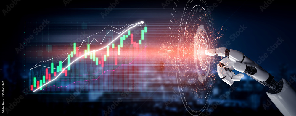 Fototapeta premium This image showcases a robotic hand interacting with vibrant financial graphs and data in a technologically advanced urban setting, symbolizing innovation. Impute