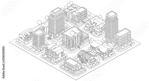Minimalist isometric line art drawing of city neighborhood block.