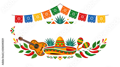 Colorful Mexican Fiesta Banner with Cactus and Traditional Patterns Celebration