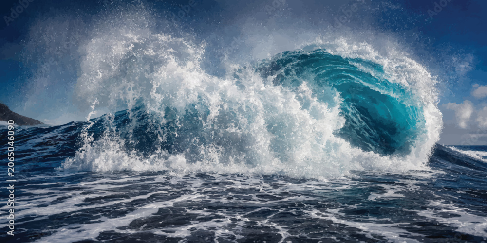 Obraz premium Powerful crashing blue ocean wave breaking in the sea with crashing swelling seascape environment surfboard splashing background waterfall