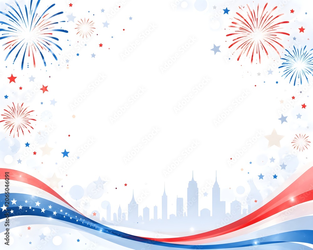 Fototapeta premium Patriotic Fourth of July background with red white and blue fireworks, American flag waves over city skyline, festive Independence Day celebration frame