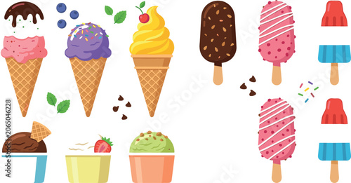 Tableau sur toile Frozen desserts vector icon collection with various ice cream flavors popsicles