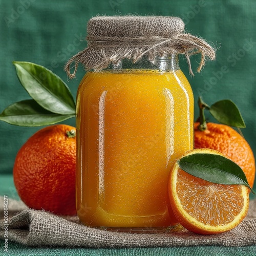 Fresh homemade orange juice in rustic jar with whole citrus fruits on linen cloth