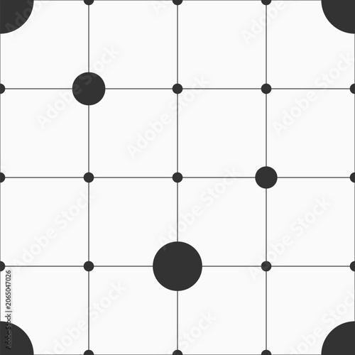 Seamless vector pattern with black circles of different sizes at the intersection of lines. Geometric vector background. Grid black and white seamless pattern.