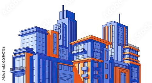Modern city skyscraper buildings in blue and orange vector style