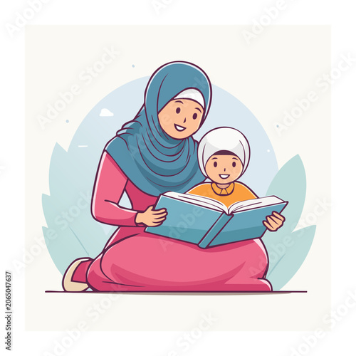 Mother and child reading a book together cartoon illustration