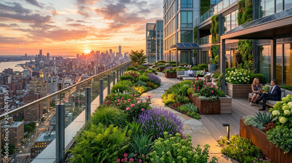 Fototapeta premium Luxury skyscraper rooftop garden with lush green plants and blooming flowers overlooking a vibrant city skyline during a beautiful golden hour sunset