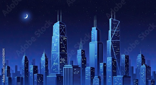 Modern night city skyline with crescent moon and stars.