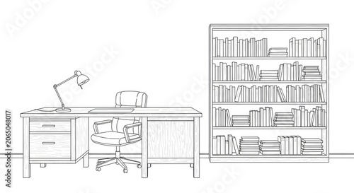 Modern minimalist office workspace with desk and shelf line art.