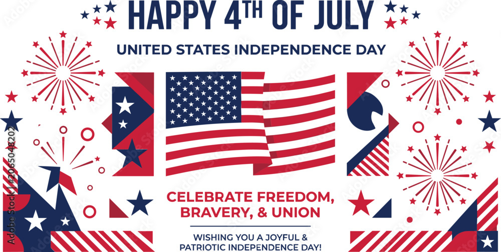 Obraz premium Happy fourth july vector banner with waving american flag, festive fireworks and patriotic typography layout