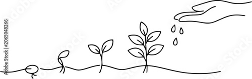 Hand Watering Plant Growth Seedling Line Art Illustration