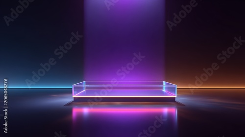 Futuristic glowing glass display podium in neon dark room