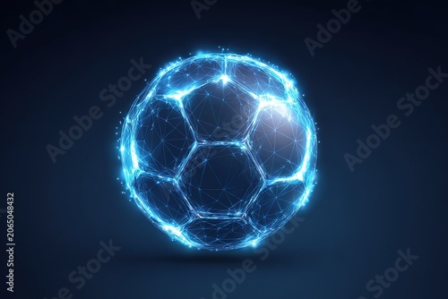 Futuristic digital soccer ball with blue glowing network lines