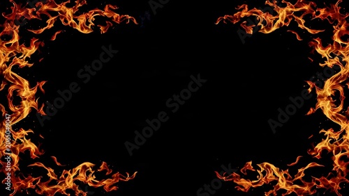 Decorative fire frame with intense orange and yellow flames against a black background.
