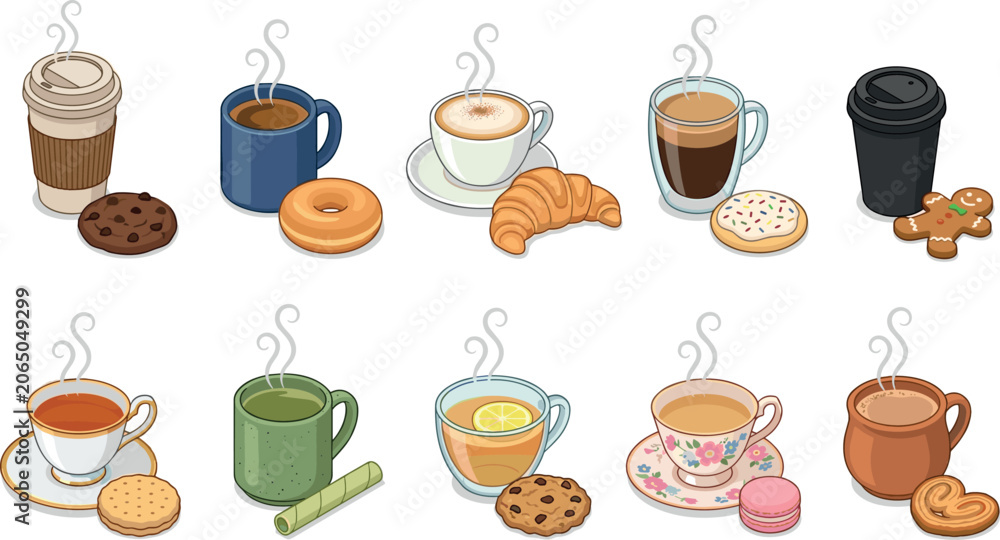 Obraz premium Isometric Hot Coffee and Tea Icon Set with Pastries Croissants Donuts Macarons Gingerbread and Cookies for Cafe Menu Graphic Designs