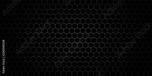 Dark grey abstract wide horizontal banner with hexagon carbon fiber grid and orange luminous lines. Technology vector background with orange neon lines