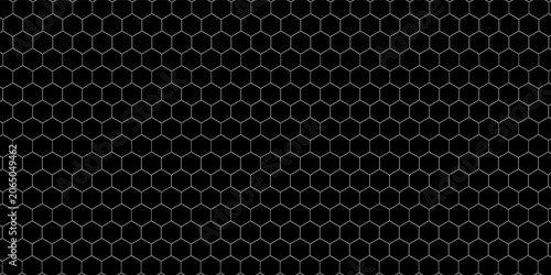Dark grey abstract wide horizontal banner with hexagon carbon fiber grid and orange luminous lines. Technology vector background with orange neon lines