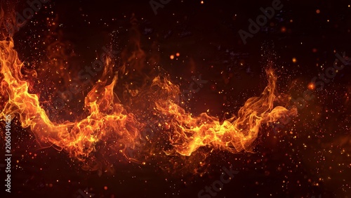 Swirling fire flames with glowing embers and flying sparks on dark background
