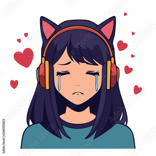 Anime Girl with Cat Ears Crying While Listening to Music