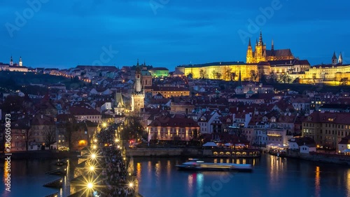Prague Czechia Czech Republic time lapse high angle view day to night city skyline at Charles Bridge