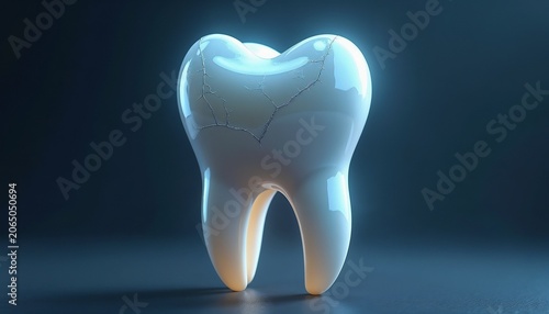 Cracked molar tooth with glowing fissures. Dental health concept showing enamel damage, decay and oral sensitivity. Medical illustration of damaged tooth for dentistry and healthcare.