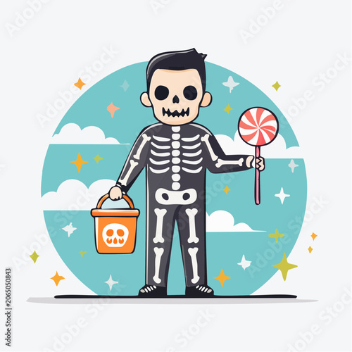 Child in Skeleton Costume Holding Candy Bucket and Lollipop