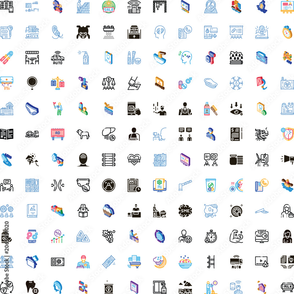 Fototapeta premium Large collection of colorful universal glyph icons illustrating a wide range of concepts including business, technology, communication, health, and daily life services