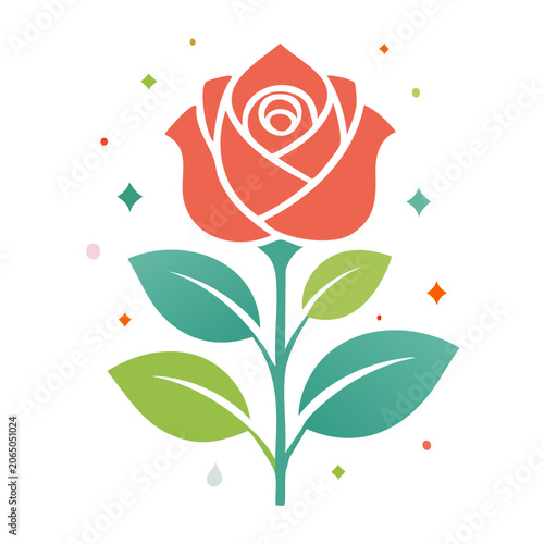 Flat design rose with leaves on white background