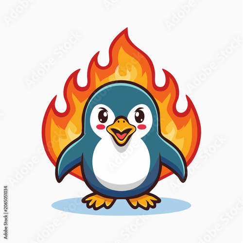 Cute Penguin on Fire Cartoon Illustration
