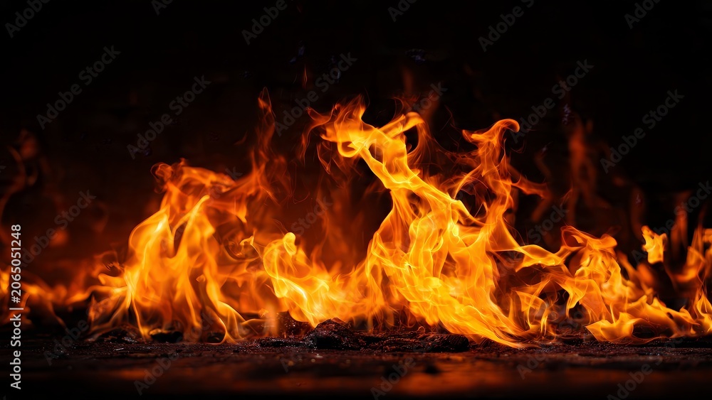 Fototapeta premium Vibrant Orange and Yellow Flames Burning Intensely on Black Background