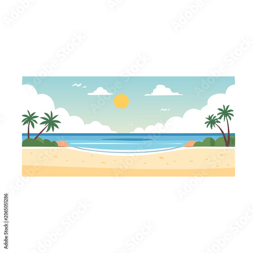 Tropical beach landscape with palm trees and ocean