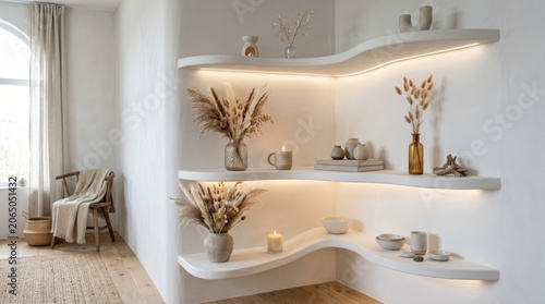 Curved built wall shelves styled with neutral decor, vases, dried pampas and candles in bright minimal interior; warm daylight and soft textures create calm cozy modern living room ambiance
