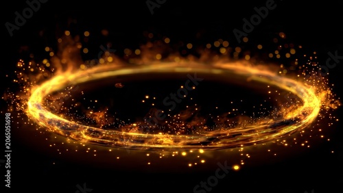 Glowing golden fire ring with flying sparks and particles on black background