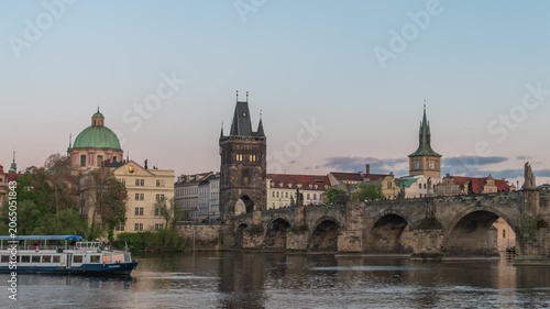 Prague Czechia Czech Republic time lapse day to night city skyline at Charles Bridge and old town
