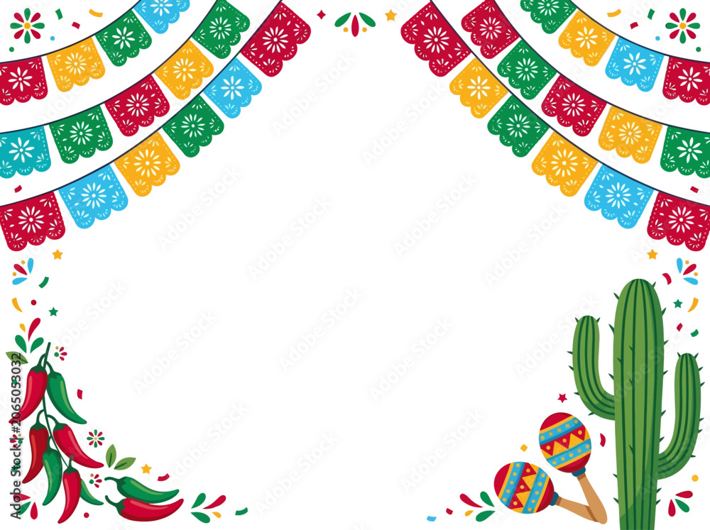 Fototapeta premium Mexican Festive Border with Papel Picado and Traditional Icons