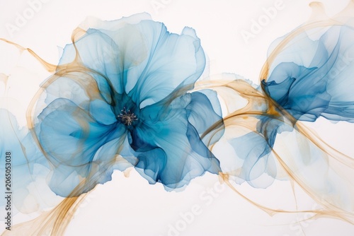 Elegant abstract floral composition, translucent blue flowers with flowing ink-like textures and soft golden accents. Modern artistic design inspired by watercolor and contemporary botanical art.