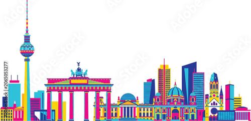 Tableau sur toile Colorful panoramic skyline of berlin germany with famous modern and historical l